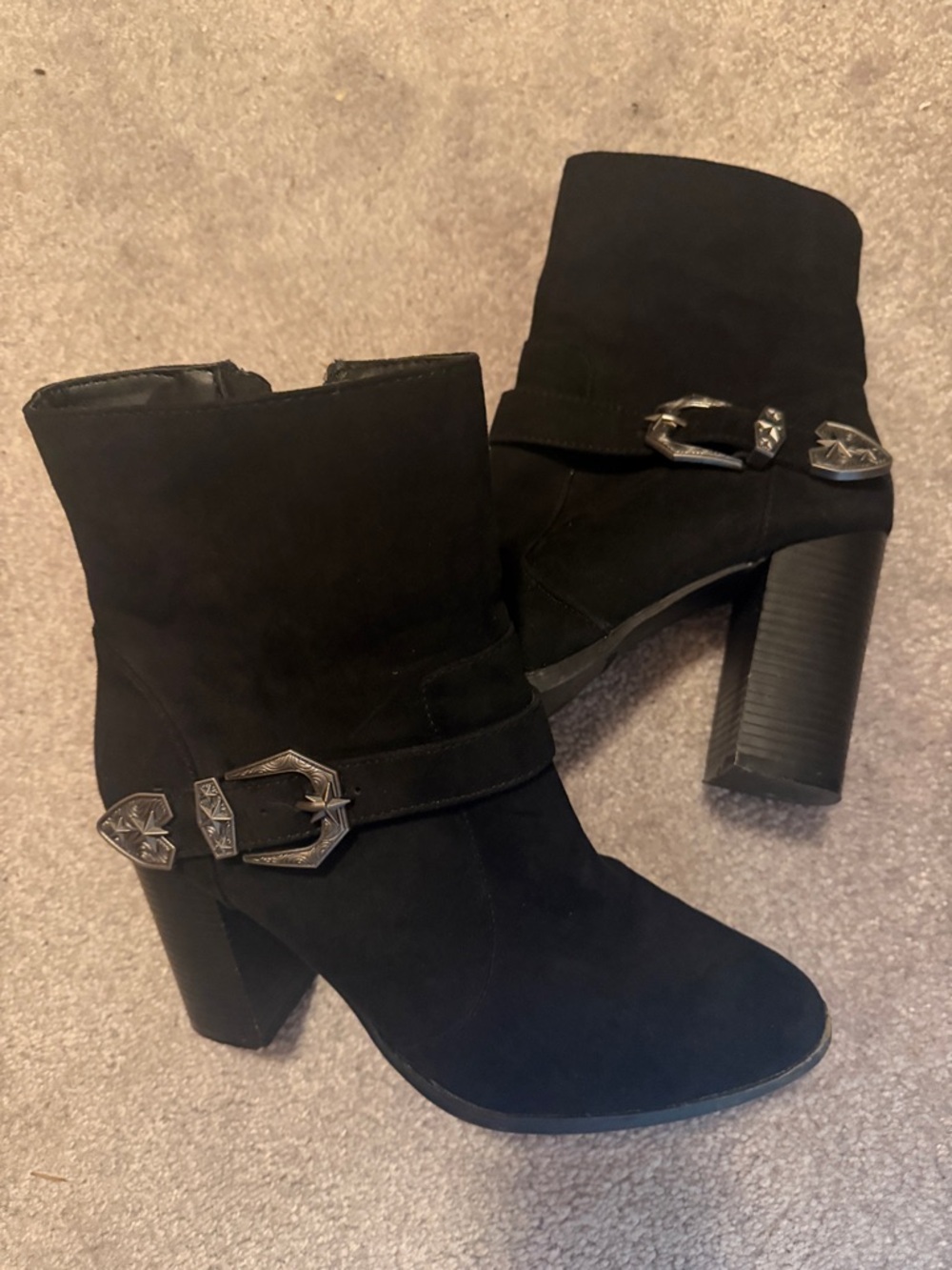 Women's Black Suede Buckle Ankle Boots